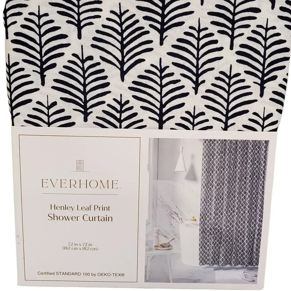 Linen Shower Curtain Everhome Henley Leaf Print Maritime Blue 72 x 72 Shower